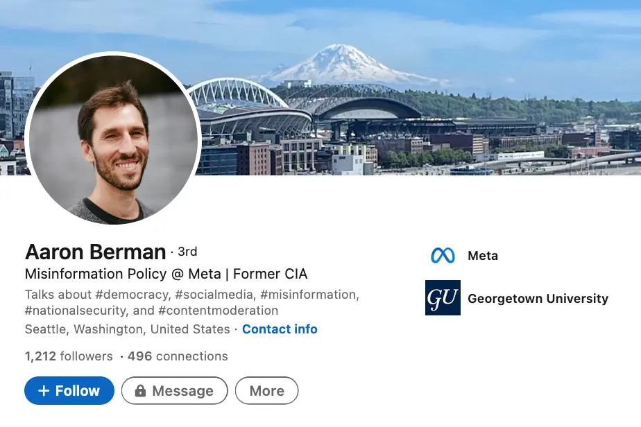 Aaron Berman,Meta’s top policy manager for “misinformation,” Aaron Berman, is a former CIA senior analytics manager